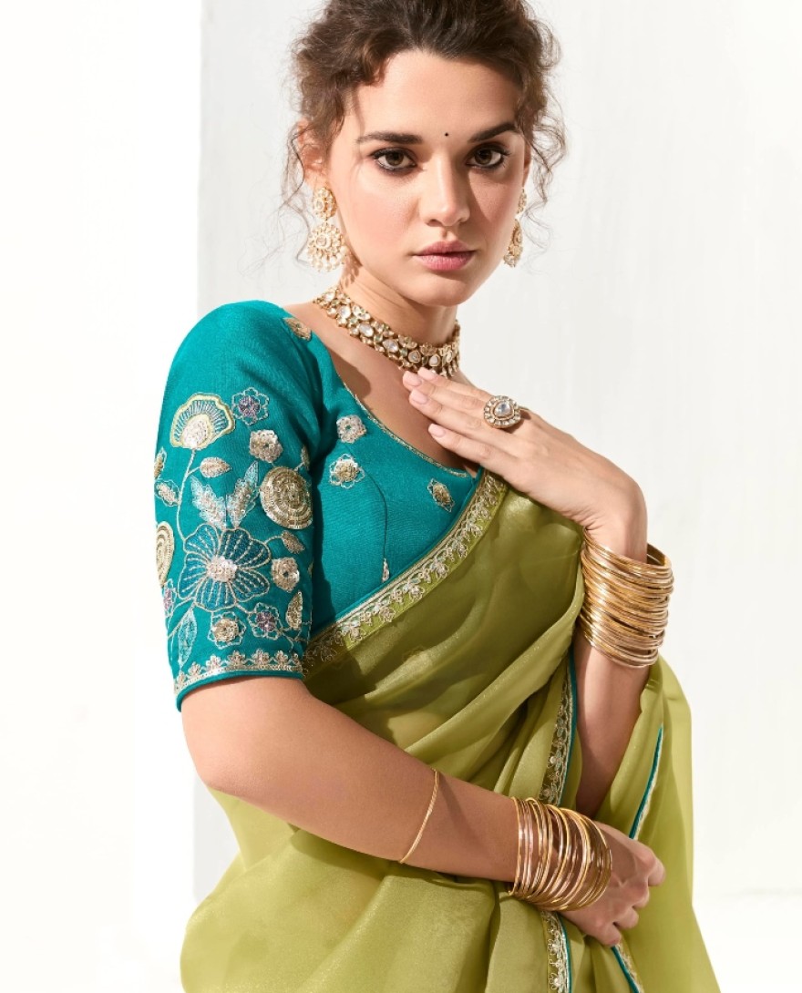 2221 - CHARMING LIGHT GREEN THREAD WORK TISSUE SILK MEHENDI WEAR SAREE